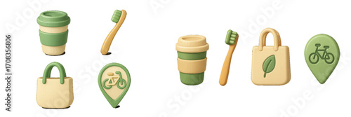 Eco-friendly icons depicting sustainable living and lifestyle choices in green and beige colors