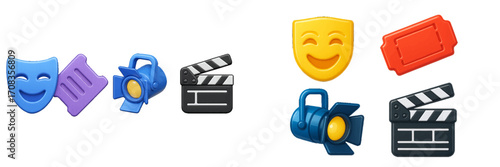 Colorful collection of film and theater emoji showcasing entertainment elements like masks and clapperboards
