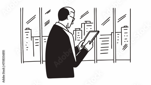 Silhouette of a mature businessman standing in front of an office window and using a digital tablet.Standing atop his empire
