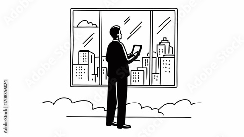 Silhouette of a mature businessman standing in front of an office window and using a digital tablet.Standing atop his empire
