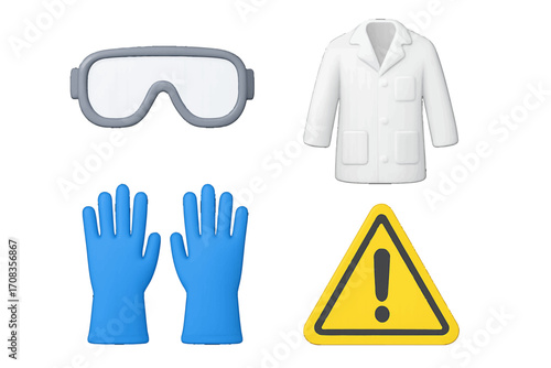 Safety equipment for laboratory work including goggles, gloves, lab coat, and caution sign at a research facility