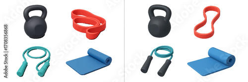 Variety of fitness equipment including kettlebell, resistance band, jump rope, and exercise mat displayed on white background