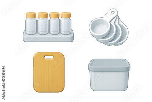 Kitchen essentials including glass containers, measuring cups, cutting board, and storage bin for cooking and organization
