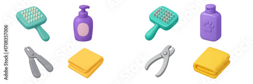 Essential pet grooming tools organized in colorful sets for efficient animal care