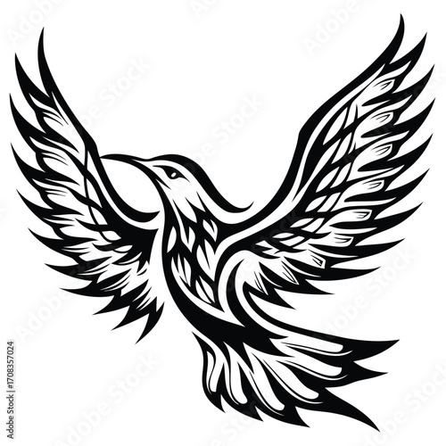 Stylized black bird soars elegantly with intricately patterned wings, presenting a bold and eyecatching graphic
