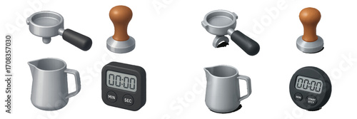 Coffee preparation tools including portafilter, tamper, milk frother, and timers arranged on a clean surface