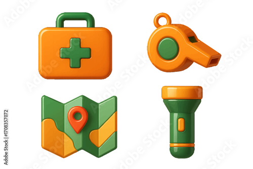 Colorful outdoor safety equipment including a first aid kit, whistle, map, and flashlight arranged neatly for camping trip preparation