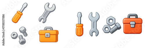 Tool icons arranged with various screwdrivers, wrenches, and a toolbox showcasing essential equipment for repairs and maintenance tasks