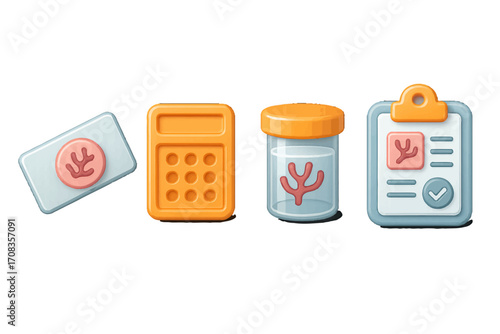 Health-related items including a medicine, calculator, container, and report in a clean, minimalist design