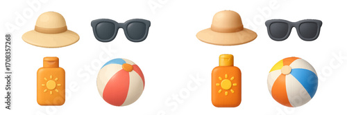 Summer beach essentials including hats, sunglasses, sunscreen, and beach balls arranged neatly