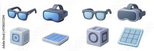Virtual reality glasses and gaming accessories arranged on a flat surface showcasing innovative design and technology