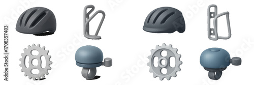 Bicycle accessories showcase featuring helmets, bell, and reflectors in grey and blue colors