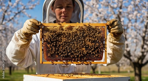 Experienced beekeeper carefully inspects a busy beehive frame full of honeybees in a blooming spring almond orchard.