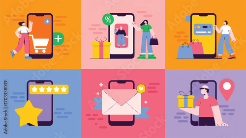 Vector art of online shopping illustration with mobile phones and customers