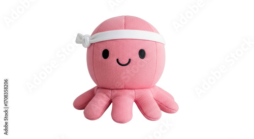 Bilde på lerret Isolated pink octopus plush toy with headband and cute face on a neutral backgro