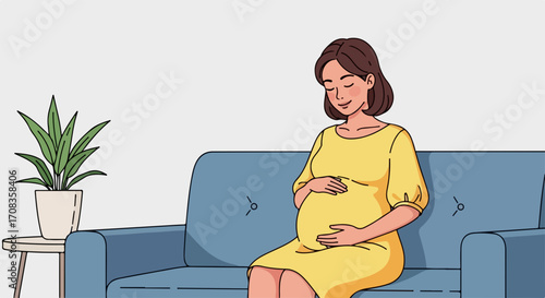 Pregnant woman sitting on sofa and holding her belly while waiting for baby. Pregnant woman enjoys the miracle of new life and awaits motherhood.