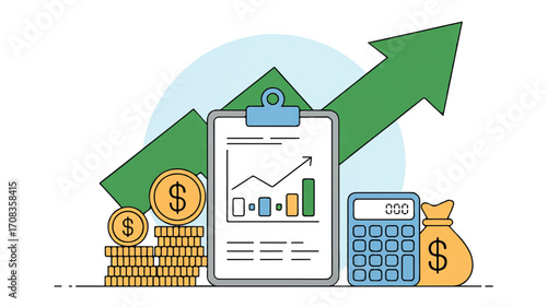 Vector art of financial growth illustration with money and calculator