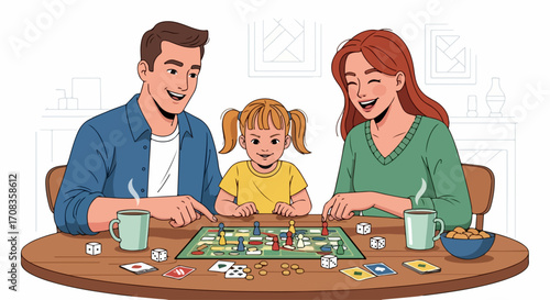 Family board game with cheerful mother, father, and daughter playing together, enjoying time together. Family board game on wooden table with hot tea and snacks makes for quality time.