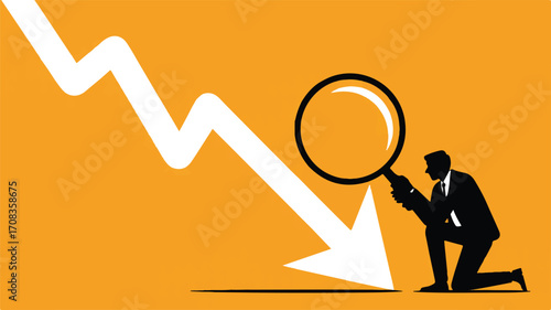 Vector art of business analysis with magnifying glass on declining arrow on orange background