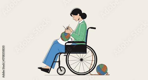 Knitting project in progress shows woman in wheelchair knitting globe with yarn. Hobby demonstrates knitting skills using circular needles and colored wool, creating sphere resembling planet.