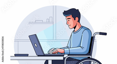 Inclusive work with man in wheelchair using laptop at desk, promoting accessibility. Inclusive workplace displays dedication of person working on laptop, contributing to company success.