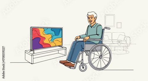 Senior in wheelchair watching television in living room, enjoying screen time. Senior in wheelchair watching television in comfy environment with colorful abstract display.