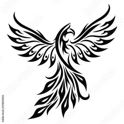 Stylized phoenix soars with tribal wing patterns, displaying elegant monochrome form