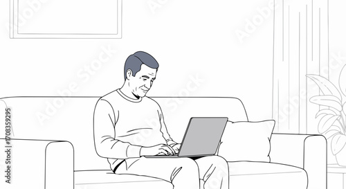 Man using laptop, sketching shows individual at home working. Individual uses computer for work from home lifestyle, sketching shows happy user typing on keyboard.