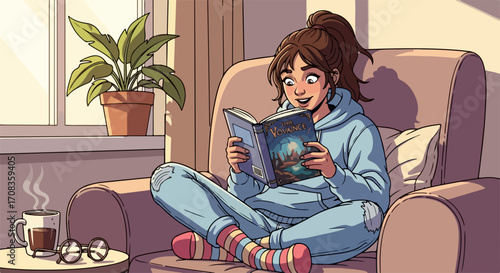 Woman reading a book, enjoying cozy domestic scene in daylight indoor ambiance. Relaxing woman reading a book in comfortable armchair near window with houseplant.