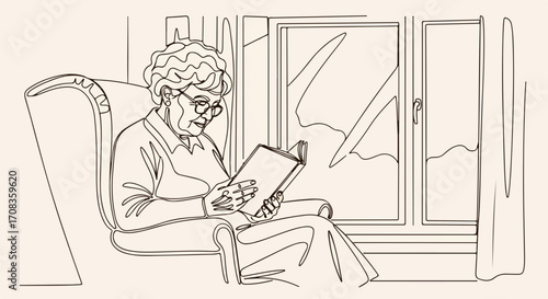 Elderly woman reading book in armchair by window, peaceful moment. Elderly woman reads novel in comfy armchair near window, enjoying relaxing pastime.