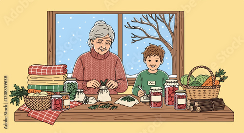 Winter preparations at home featuring senior woman and child preserving vegetables in jars by snowy window. Winter preparations concept showcases family values,