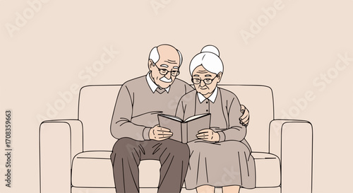 Elderly couple reading together in cozy atmosphere, sharing stories and moments. Elderly couple enjoys peaceful time, strengthening their bond through shared love for literature.