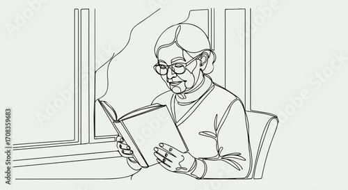 Reading book next to window shows elderly woman with eyeglasses enjoying literature. Reading book provides relaxation as senior woman sits by window, absorbed in story.