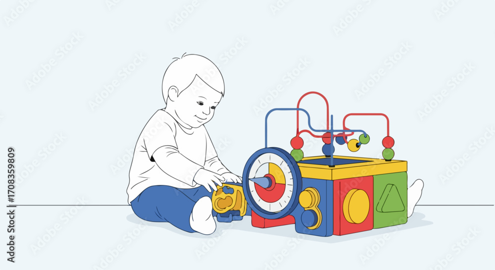 Naklejka premium Child playing with toy, enjoying colorful activity box, toddler explores a fun, educational play cube. Little child playing with toy that hones motor skills, enhances cognitive development.
