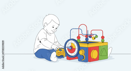 Child playing with toy, enjoying colorful activity box, toddler explores a fun, educational play cube. Little child playing with toy that hones motor skills, enhances cognitive development.