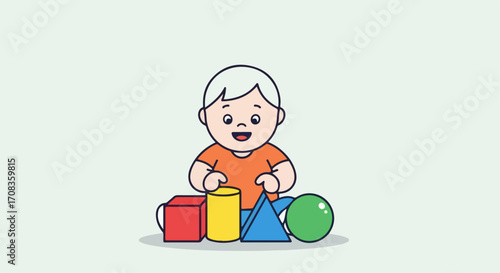 Charming child playing with toy blocks. This child playing embodies joyful learning through colorful geometric shapes, stimulating cognitive development and early education.