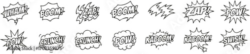 Set of energetic doodle explosion bubbles and action exclamations, perfect for comic art, animation, and graphic novel designs, adding dramatic flair to media projects