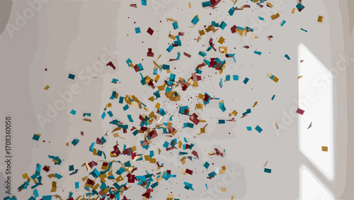 Colorful confetti falling against plain white background creates celebratory atmosphere. Celebration with confetti adds festive mood, creating joyful scene.