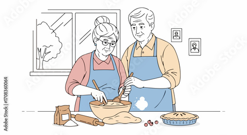 Senior couple baking with rolling pin on kitchen table, preparing pie together. Senior couple bakes together, kneading dough with flour and sugar.