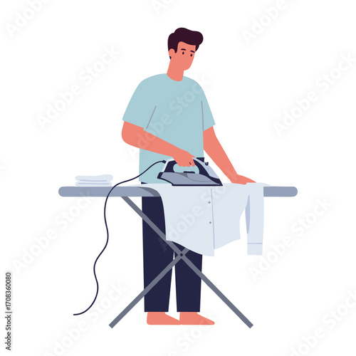 Ironing clothes at home a step-by-step guide to efficient laundry care in a cozy indoor environment. Vector illustration