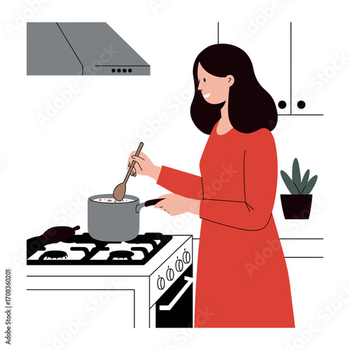 Cooking delicious meals home kitchen digital illustration modern setting side view culinary art. Vector illustration