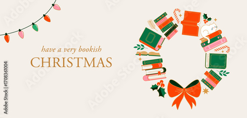 Christmas wreath book fair poster and banner. Winter book sale vector illustration.