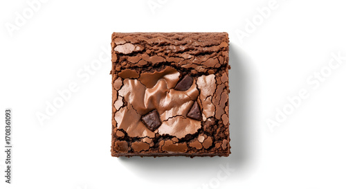 A single square chocolate chip brownie viewed from above.