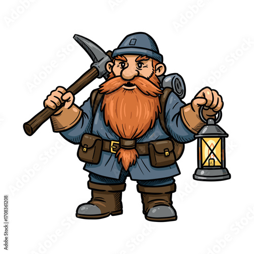Brave dwarf adventurer fantasy realm character illustration animated environment front view exploration concept. Vector illustration