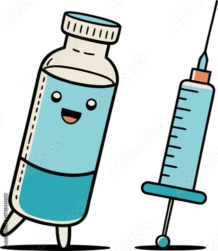 Cute Cartoon Vaccine Bottle and Syringe Vector Illustration – Medical Healthcare Concept