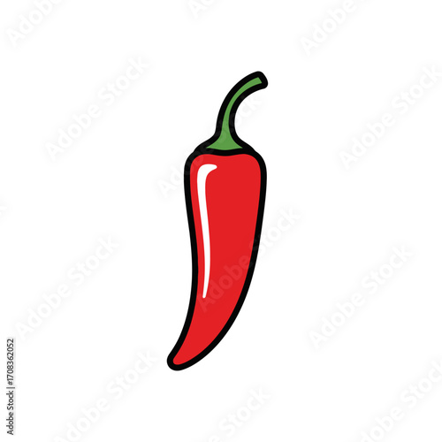 Cartoon Red Chili Pepper with Green Stem and Black Outline