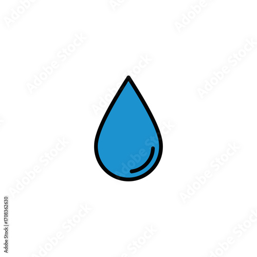 Stylized Blue Water Droplet with Black Outline and Reflection