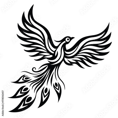 Ornate Phoenix is gracefully soaring, its elaborate black silhouette contrasts with the bright white background