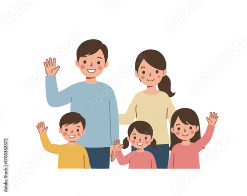 Family gathering smiling and waving living room illustration bright and cheerful front view togetherness concept. Vector illustration