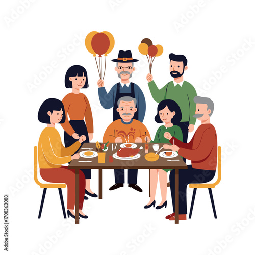 Joyful family gathering celebration home dining room illustration cheerful atmosphere group view togetherness concept. Vector illustration